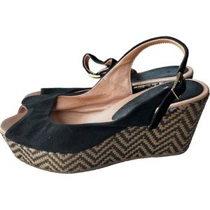 Andre Assous Black Leather/Suede Wedge Espadrille Sandal Shoe Sz 7